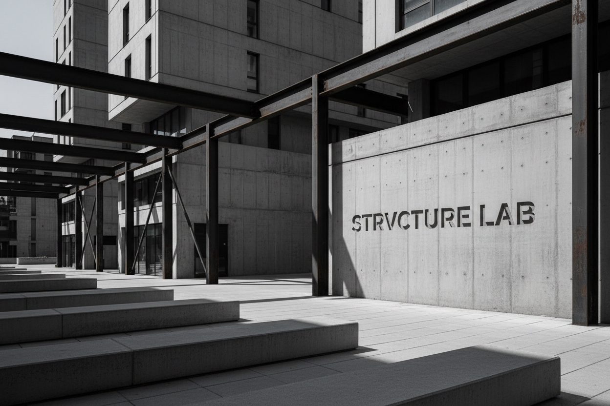 make a picture with a city with concrete, steel, the words strvcture lab ,for my minimal streetweare